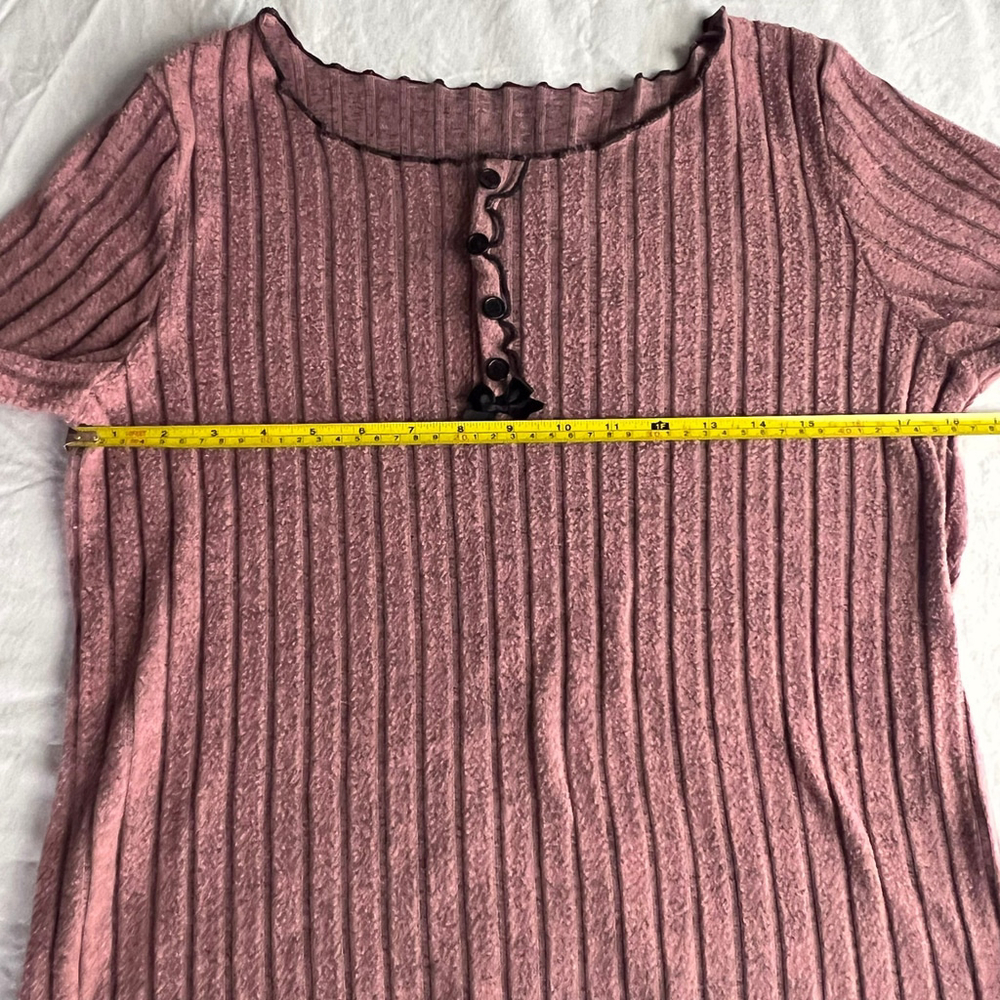 Mauve Ribbed Knit Henley Top Ruffle Trim and Bow Womens L Coquette Y2K Preppy - Picture 5 of 6